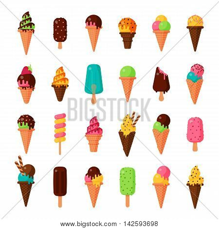 Sweet cartoon cold ice cream set and tasty cartoon frozen icecream collection vector delicious. Set of ice cartoon colorful ice-cream desserts. Chocolate and milk icecream vector illustration