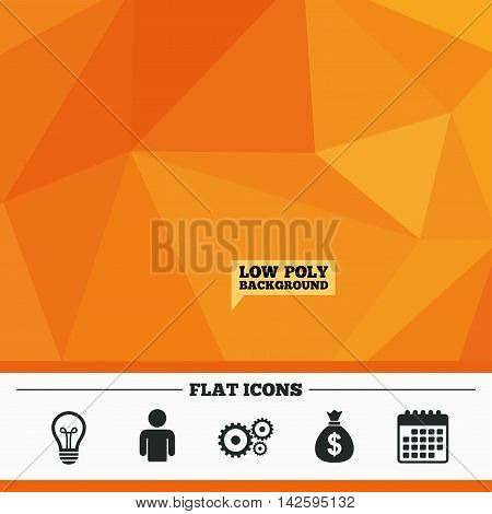Triangular low poly orange background. Business icons. Human silhouette and lamp bulb idea signs. Dollar money bag and gear symbols. Calendar flat icon. Vector