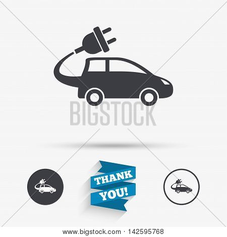 Electric car sign icon. Hatchback symbol. Electric vehicle transport. Flat icons. Buttons with icons. Thank you ribbon. Vector
