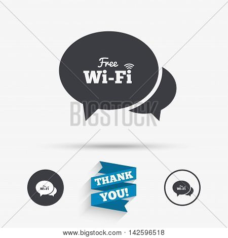 Chat speech bubbles. Free wifi sign. Wifi symbol. Wireless Network icon. Wifi zone. Flat icons. Buttons with icons. Thank you ribbon. Vector
