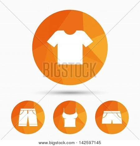 Clothes icons. T-shirt and bermuda shorts signs. Swimming trunks symbol. Triangular low poly buttons with shadow. Vector