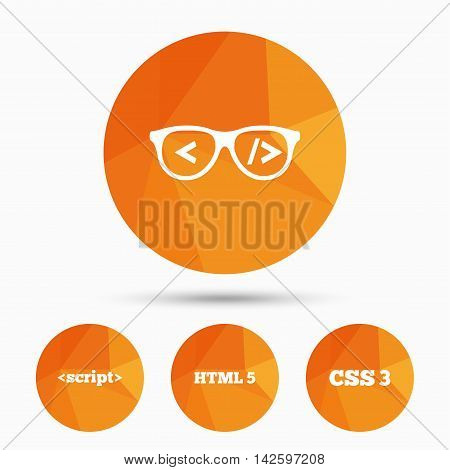 Programmer coder glasses icon. HTML5 markup language and CSS3 cascading style sheets sign symbols. Triangular low poly buttons with shadow. Vector