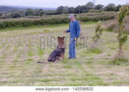 Man Training His Dog Outside With A Toy