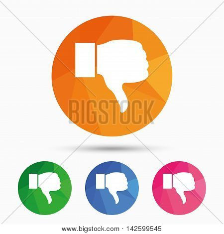 Dislike sign icon. Thumb down sign. Hand finger down symbol. Triangular low poly button with flat icon. Vector