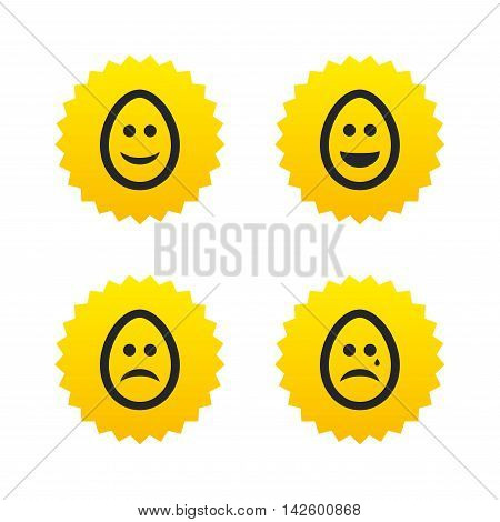 Eggs happy and sad faces icons. Crying smiley with tear symbols. Tradition Easter Pasch signs. Yellow stars labels with flat icons. Vector