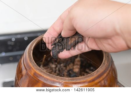 putting herbal to an enamel pot to decoct herbal medicine