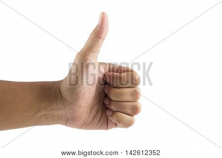 Closeup of male hand showing thumbs up sign against white background