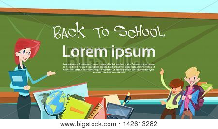 Teacher With Pupils In Class Back To School Education Banner Flat Vector Illustration