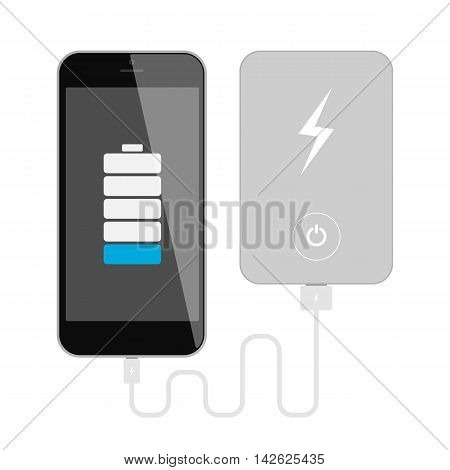 Smartphone with powerbank. Phone charging with portable powerbank. Isolated gadgets on white background.