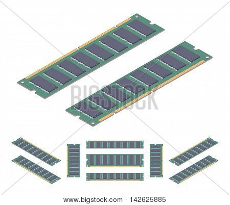 Isometric flat ram memory card. The objects are isolated against the white background and shown from different sides