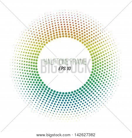 color halftone dotted frame. Round banner. Orange to blue gradient. Stock vector background