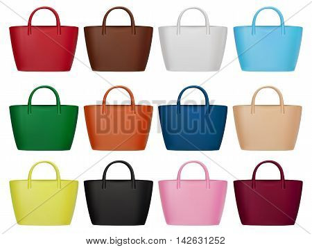 Women bags set. Trendy fashion accessories vector collection. Different colors elegant handbags for every season. Isolated on white illustration for beauty or fashion design.