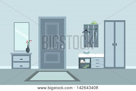 Hallway interior with furniture in flat style