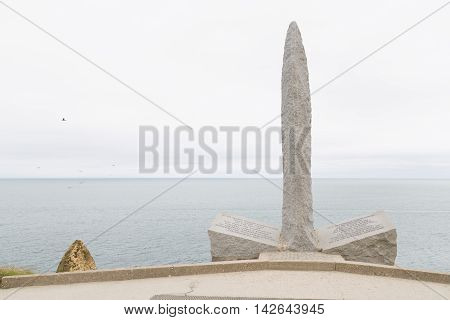 OMAHA BEACH FRANCE - AUGUST 07 2016: Monument at Pointe du Hoc. Omaha beach is located on the coast of Normandy France facing the English Channel.