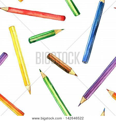 seamless background with color pencis, pattern with school stationery, watercolor drawing template with of art supplies, hand drawn illustration