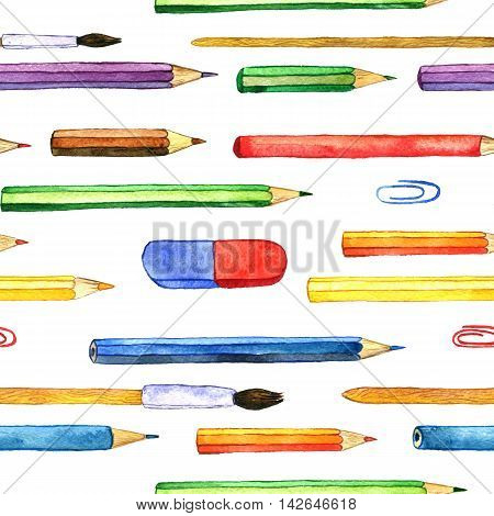 seamless background with color pencis, pattern with school stationery, watercolor drawing template with of art supplies, hand drawn illustration