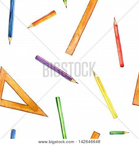 seamless background with color pencis, pattern with school stationery, watercolor drawing template with of art supplies, hand drawn illustration