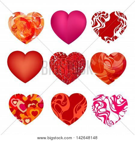 original set of isolated hearts made in a variety of unique technology. Vector illustration.