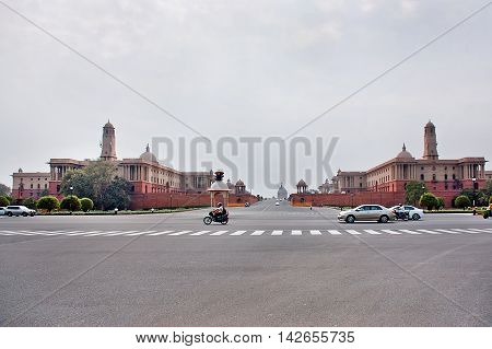 New Delhi India - Jule 22 2011: Rashtrapati Bhavan is the official home of the President of India. Cars moving on the road