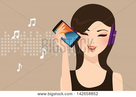 female listening to music streaming online with smart phone wearing head set wire less vector