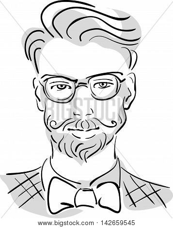 vector monochrome portrait of a bearded man hipster spectacled with a topknot on his head