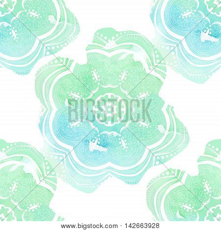 Hand drawn seamless pattern with blue mandalas on white and watercolor background