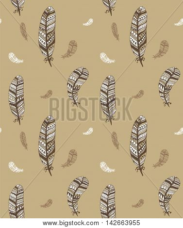 Hand drawn seamless pattern with feathers. Endless texture can be used for wallpaper textile pattern fills web page background.