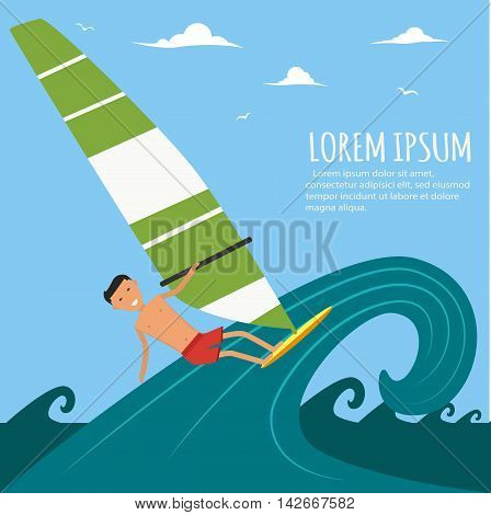 Male surfer riding on waves in the sea. A surfer catches a huge wave. Surfing character. Cute surfer. Vector illustration in flat. Summer vacation background