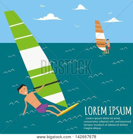 Male surfer riding on waves in the sea. Surfing characters. Cute surfer. Vector illustration in flat. Summer vacation background