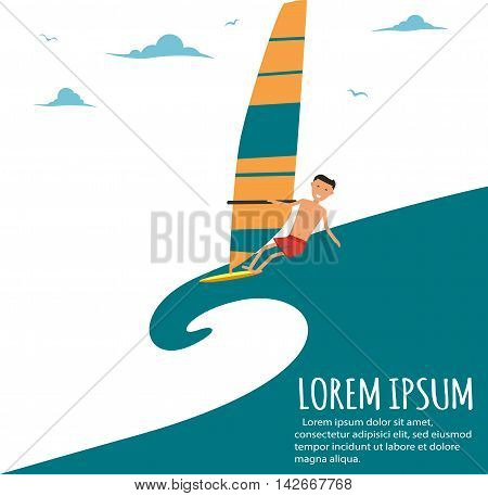 Male surfer riding on waves in the sea. A surfer catches a huge wave. Surfing character.