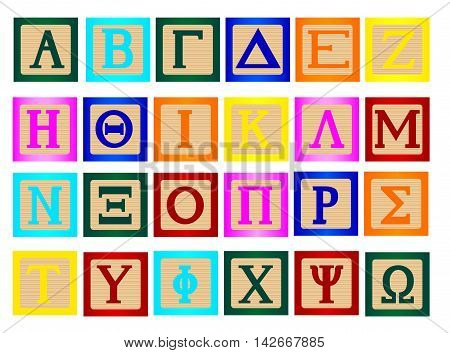 A collection of wooden block letters using the Greek alphabet