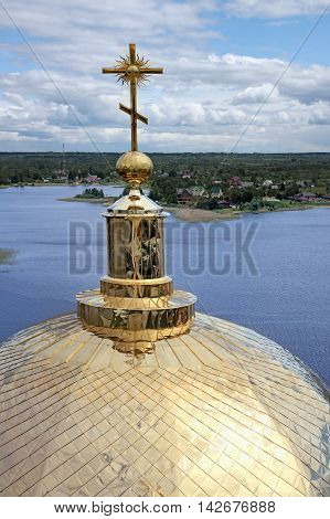 Monastery Nilov. View of a cross and dome of a cathedral and lake Seliger. Russia