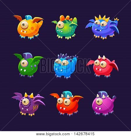 Little Alien Monsters With And Without Wings Set Of Bright Color Vector Icons Isolated On Dark Background. Cute Childish Fantastic Animal Characters Design.