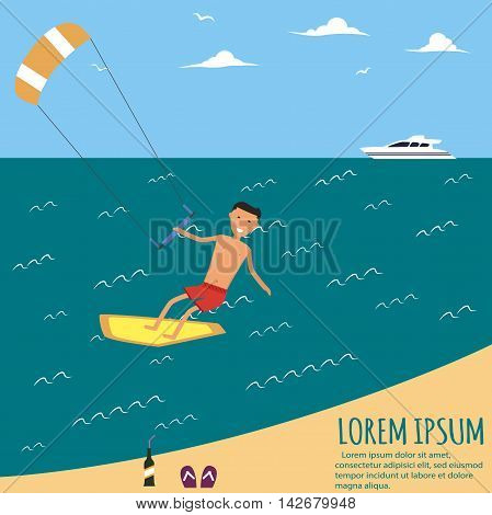 Male kitesurfer riding on waves in the sea. A surfer catches a huge wave. Surfing character. Cute surfer. Vector illustration in flat. Summer vacation background