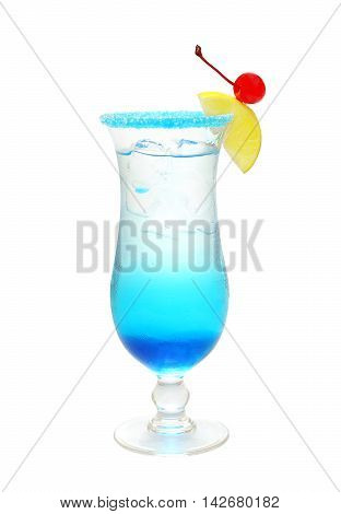 Blue alcohol cocktail with cherry on white background