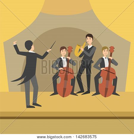Trio With Saxophone And Two Cellos With Their Director Performing Simplified Graphic Drawing In Bright Colors. Show On Stage Flat Vector Illustration