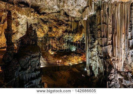 Stalactites And Stalagmites In The Famous Nerja Caves, In Nerja, Malaga Province, Andalusia, Spain.