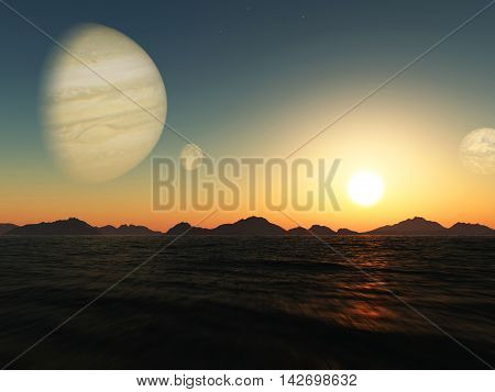 Sunset on exoplanet. Exoplanet Exploration - Fantasy and Surreal Landscape. 3D rendering.