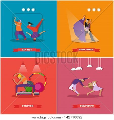 People dancing in different styles. Break dance, paso doble, contemporary dance. Vector illustration in flat design.