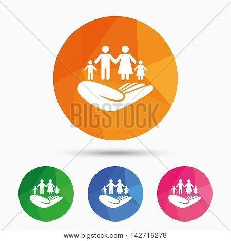 Family life insurance sign. Hand holds human group symbol. Health insurance. Triangular low poly button with flat icon. Vector