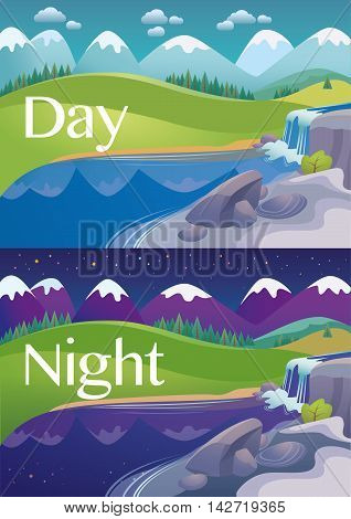 forest landscape mountains river simple stylized vector illustration