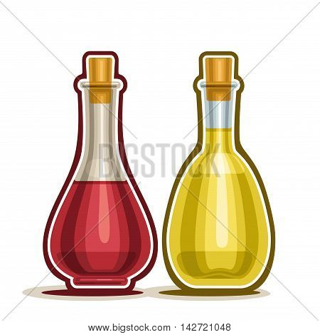 Vector logo Decanter with Red and White Wine Vinegar with cork wooden cap, cartoon cruet olive oil isolated on white background
