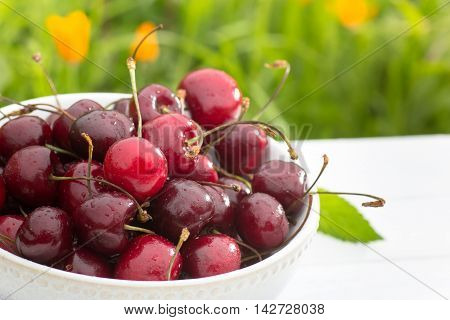 Bowl of cherry berries on table on grass background