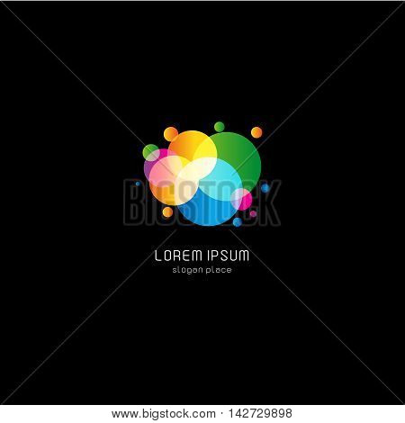 Isolated abstract colorful round shape bubbles vector logo. Geometric figures transparent overlays logotype. Children pattern.