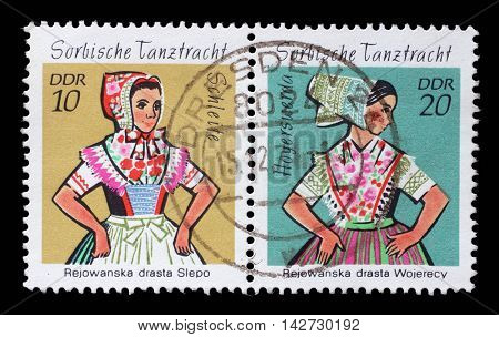ZAGREB, CROATIA - JULY 03: a stamp printed in GDR shows Sorbian Dance Costume, Hoyerswerda, circa 1971, on July 03, 2014, Zagreb, Croatia