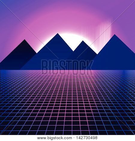 Mountains on a background of pink neon lights. Vector illustration in retro style of 80 for poster of disco party flyer ticket. beautiful sunset with the northern lights. grid cyberspace