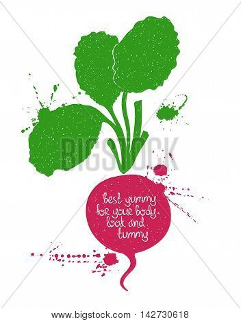 Hand drawn illustration of isolated red radish silhouette on a white background. Typography poster with creative poetic quote inside: best yummy for your body look and tummy.