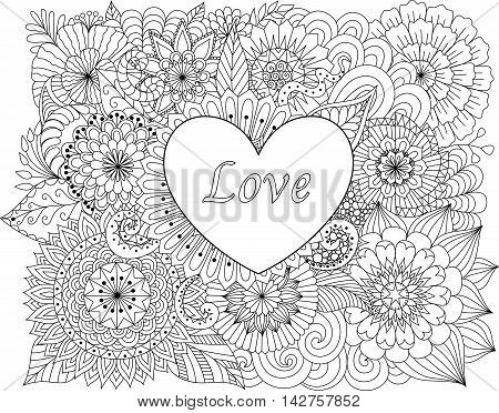 Heart on flowers for coloring books for adult or valentines card