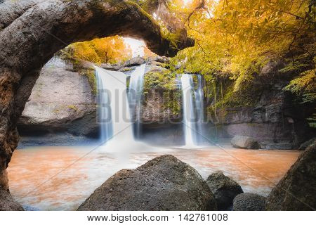 Amazing beautiful waterfalls in autumn deep forest at Haew Suwat Waterfall in Khao Yai National Park Thailand