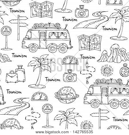 Vector seamless pattern with hand drawn isolated symbols of car travel on black color. Pattern on the theme of tourism. Background for use in design packing web site fabric